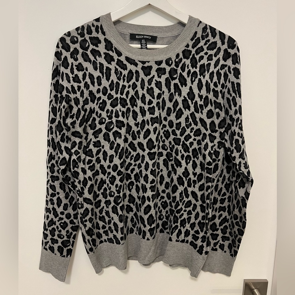Ellen Tracy Leopard Print Crew Neck Sweater